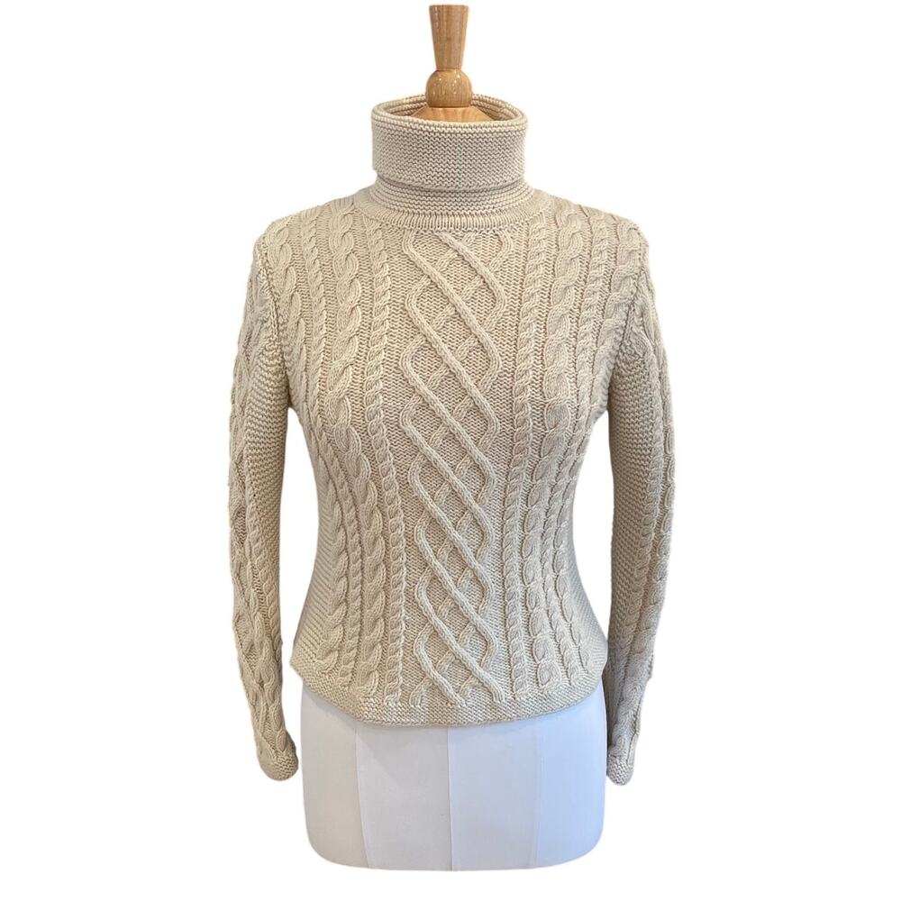L.L. Bean Wool Cream Fisherman Cable Knit Long Sleeve Turtleneck Sweater S